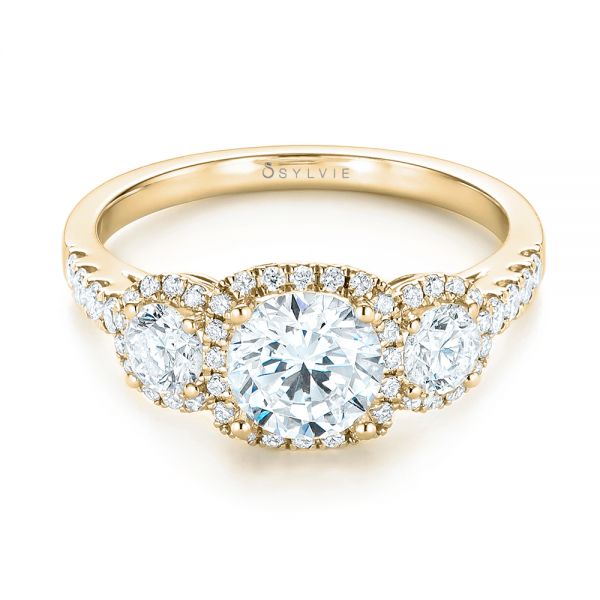 18k Yellow Gold 18k Yellow Gold Three-stone Halo Diamond Engagement Ring - Flat View -  103094