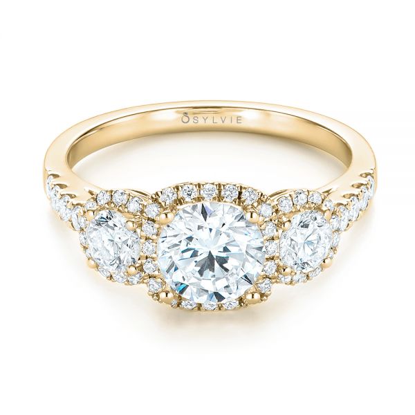 18k Yellow Gold 18k Yellow Gold Three-stone Halo Diamond Engagement Ring - Flat View - 103094