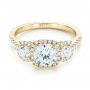 18k Yellow Gold 18k Yellow Gold Three-stone Halo Diamond Engagement Ring - Flat View -  103094 - Thumbnail