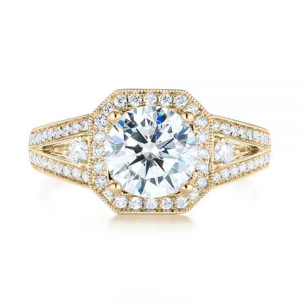 18k Yellow Gold 18k Yellow Gold Three-stone Halo Diamond Engagement Ring - Top View -  103051