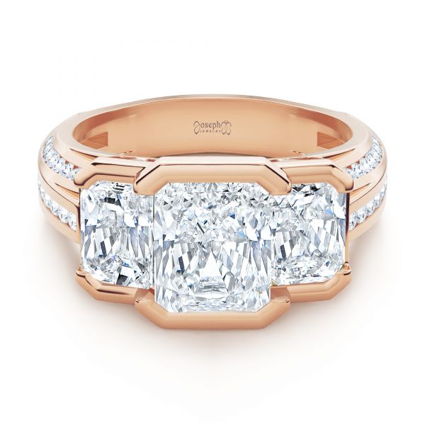 18k Rose Gold 18k Rose Gold Three-stone Radiant Channel Set Engagement Ring - Flat View - 107384