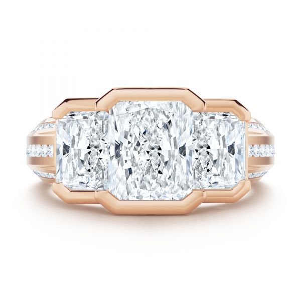 18k Rose Gold 18k Rose Gold Three-stone Radiant Channel Set Engagement Ring - Top View - 107384