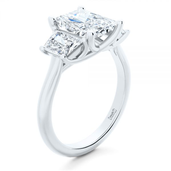 18k White Gold 18k White Gold Trellis Three Stone Engagement Ring - Three-Quarter View -  107308