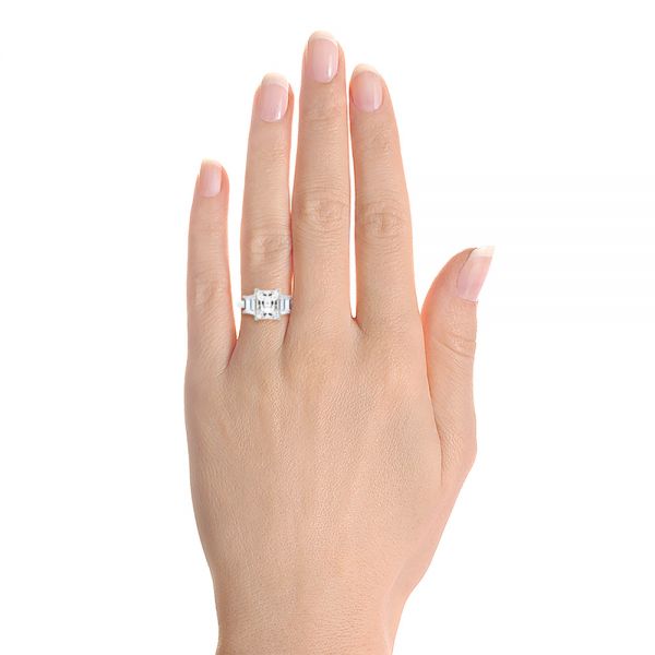 Platinum Trellis Three Stone Engagement Ring - Hand View - 107308