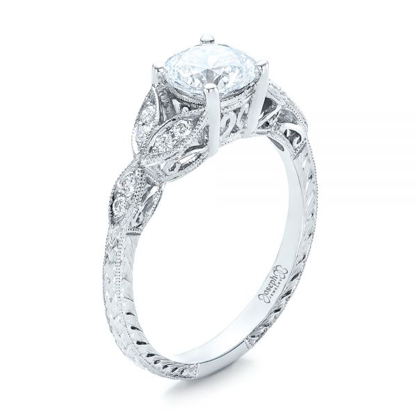 18k White Gold Tri-leaf Diamond Engagement Ring - Three-Quarter View -  101989