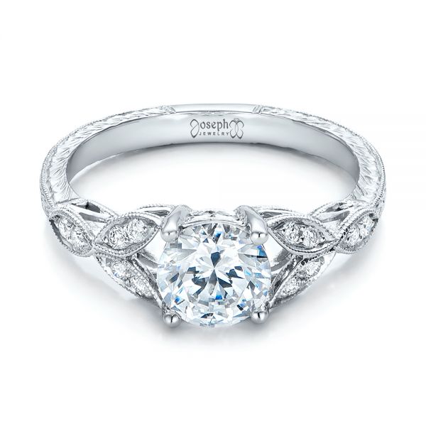 18k White Gold Tri-leaf Diamond Engagement Ring - Flat View - 101989