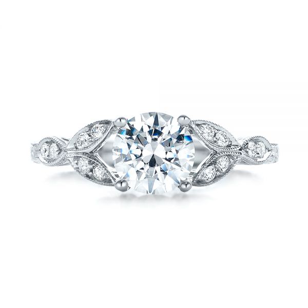 18k White Gold Tri-leaf Diamond Engagement Ring - Top View - 101989