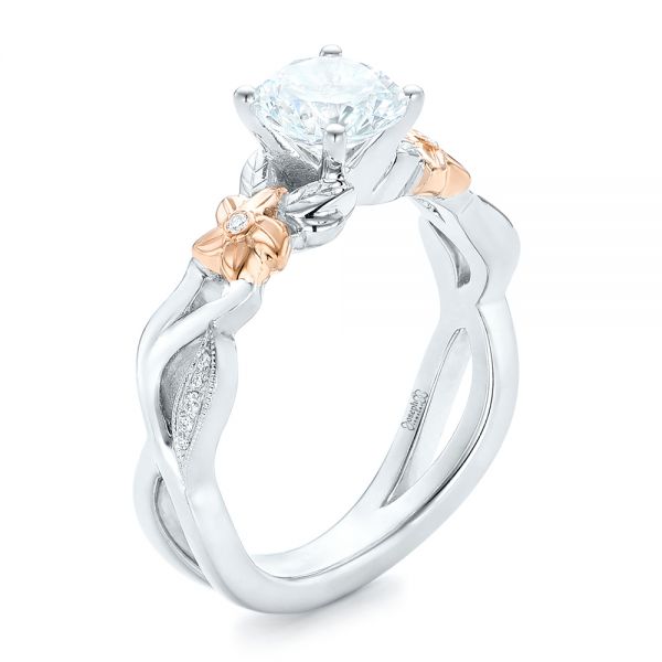 14k White Gold And 18K Gold 14k White Gold And 18K Gold Two-tone Flower And Leaf Diamond Engagement Ring - Three-Quarter View -  102554