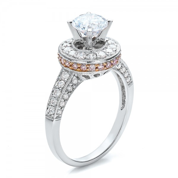  18K Gold Two-tone Diamond Halo With Pink Diamonds Engagement Ring - Vanna K - Three-Quarter View -  100687