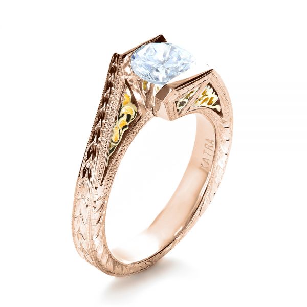 14k Rose Gold And 18K Gold 14k Rose Gold And 18K Gold Two-tone Hand Engraved Engagement Ring - Three-Quarter View -  1190