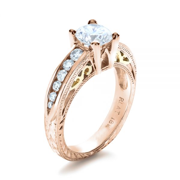 14k Rose Gold And 18K Gold 14k Rose Gold And 18K Gold Two-tone Hand Engraved Engagement Ring - Three-Quarter View -  1194
