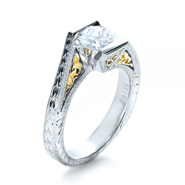  Platinum And 18K Gold Two-tone Hand Engraved Engagement Ring - Three-Quarter View -  1190