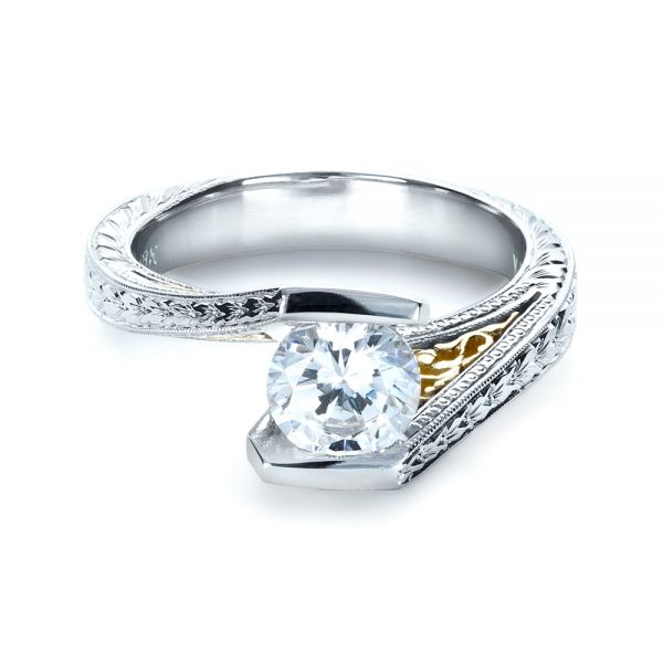  Platinum And 18K Gold Two-tone Hand Engraved Engagement Ring - Flat View -  1190