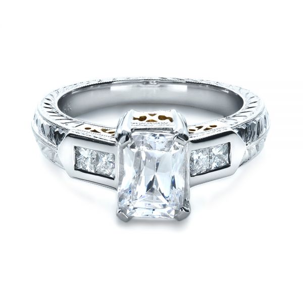 18k White Gold And Platinum 18k White Gold And Platinum Two-tone Hand Engraved Engagement Ring - Flat View -  1191