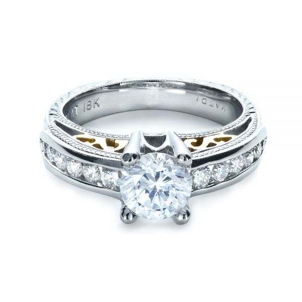  Platinum And 18K Gold Two-tone Hand Engraved Engagement Ring - Flat View -  1194