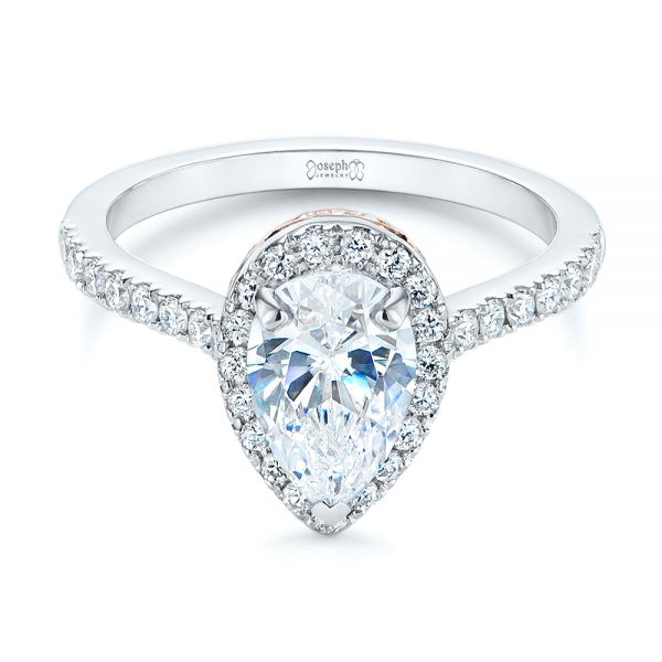 18K Gold And 14k Rose Gold Two-tone Pear Diamond Halo Engagement Ring - Flat View - 105215