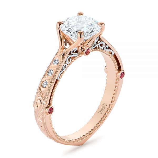 18k Rose Gold And 14K Gold 18k Rose Gold And 14K Gold Two-tone Ruby And Diamond Vintage-inspired Engagement Ring - Three-Quarter View -  105312