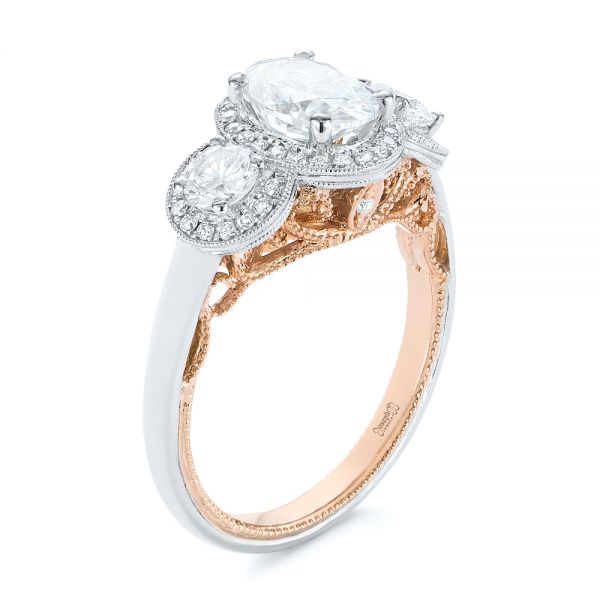  Platinum And 14k Rose Gold Two-tone Three Stone Diamond Halo Engagement Ring - Three-Quarter View -  104860