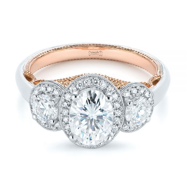  Platinum And 14k Rose Gold Two-tone Three Stone Diamond Halo Engagement Ring - Flat View -  104860