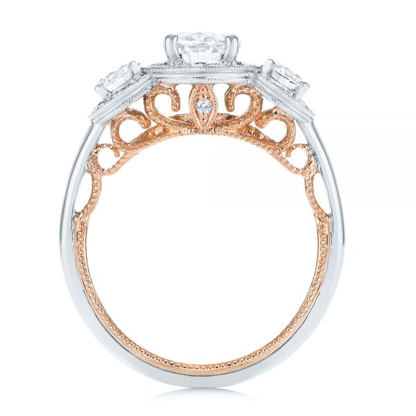  Platinum And 14k Rose Gold Two-tone Three Stone Diamond Halo Engagement Ring - Front View -  104860