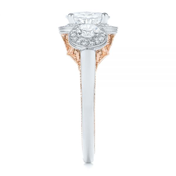  Platinum And 18k Rose Gold Platinum And 18k Rose Gold Two-tone Three Stone Diamond Halo Engagement Ring - Side View -  104860