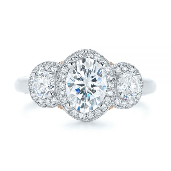  Platinum And 18k Rose Gold Platinum And 18k Rose Gold Two-tone Three Stone Diamond Halo Engagement Ring - Top View -  104860