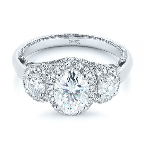  Platinum And Platinum Platinum And Platinum Two-tone Three Stone Diamond Halo Engagement Ring - Flat View -  104860