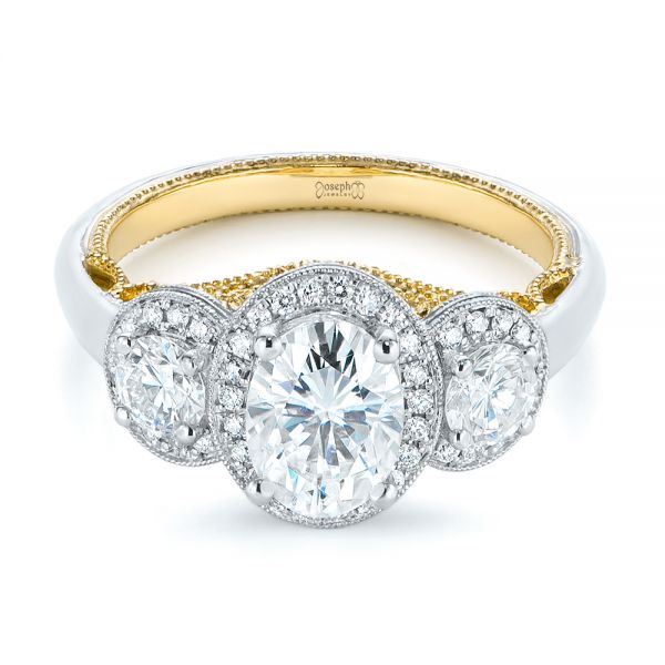 Platinum And 18k Yellow Gold Platinum And 18k Yellow Gold Two-tone Three Stone Diamond Halo Engagement Ring - Flat View - 104860