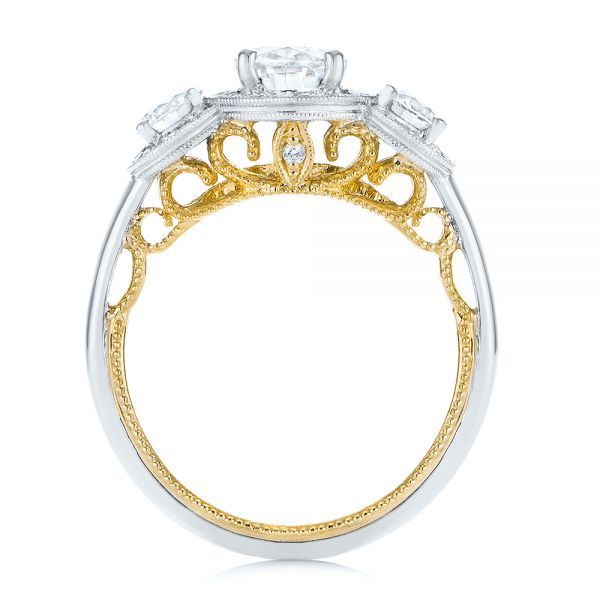 Platinum And 18k Yellow Gold Platinum And 18k Yellow Gold Two-tone Three Stone Diamond Halo Engagement Ring - Front View - 104860