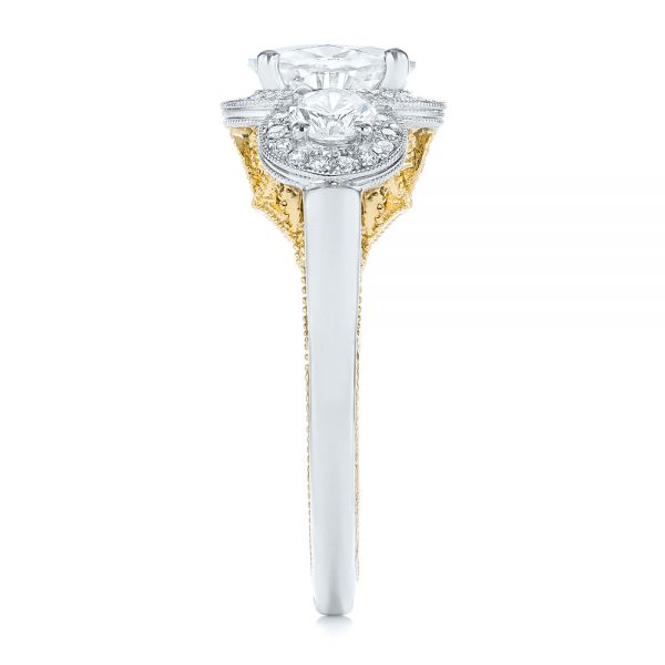 Platinum And 18k Yellow Gold Platinum And 18k Yellow Gold Two-tone Three Stone Diamond Halo Engagement Ring - Side View - 104860