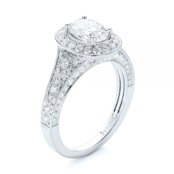 18k White Gold And Platinum 18k White Gold And Platinum Two-tone Diamond Halo Engagement Ring - Three-Quarter View -  103483
