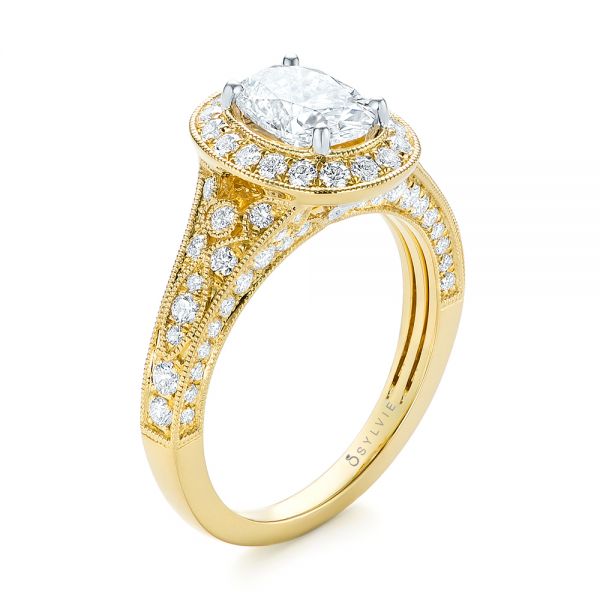 18k Yellow Gold And 18K Gold Two-tone Diamond Halo Engagement Ring - Three-Quarter View -  103483