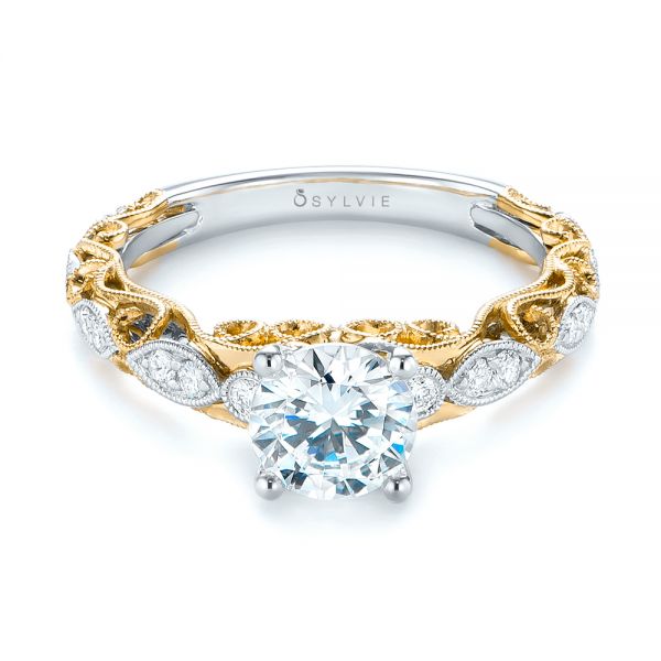  18K Gold And 18k Yellow Gold 18K Gold And 18k Yellow Gold Two-tone Filigree Diamond Engagement Ring - Flat View -  103907