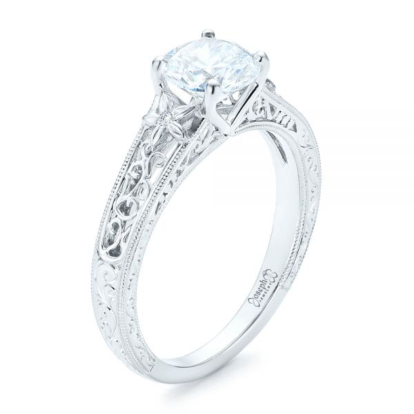 14k White Gold Vine Filigree Diamond Engagement Ring - Three-Quarter View -  102564