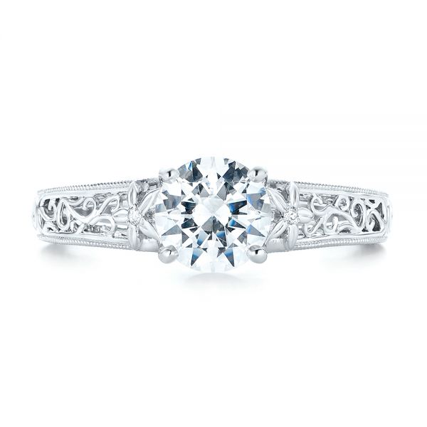 14k White Gold Vine Filigree Diamond Engagement Ring - Top View -  102564