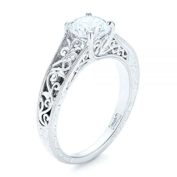 14k White Gold Vine Filigree Solitaire Diamond Engagement Ring - Three-Quarter View -  102565