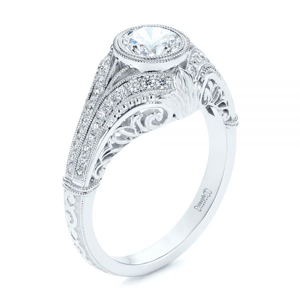 18k White Gold Vintage Dome Bezel Diamond Engagement Ring - Three-Quarter View -  105795