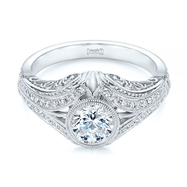 18k White Gold Vintage Dome Bezel Diamond Engagement Ring - Flat View -  105795