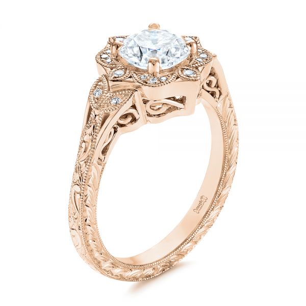 18k Rose Gold 18k Rose Gold Vintage Floral Diamond Halo Engagement Ring - Three-Quarter View -  105767