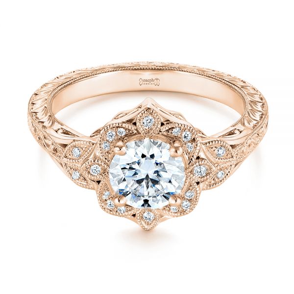 18k Rose Gold 18k Rose Gold Vintage Floral Diamond Halo Engagement Ring - Flat View -  105767
