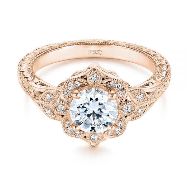 18k Rose Gold 18k Rose Gold Vintage Floral Diamond Halo Engagement Ring - Flat View - 105767