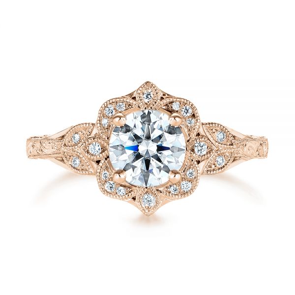 14k Rose Gold 14k Rose Gold Vintage Floral Diamond Halo Engagement Ring - Top View -  105767
