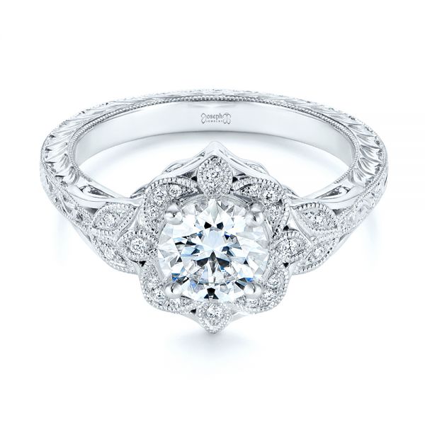  Platinum Platinum Vintage Floral Diamond Halo Engagement Ring - Flat View -  105767