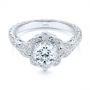 14k White Gold Vintage Floral Diamond Halo Engagement Ring - Flat View -  105767 - Thumbnail