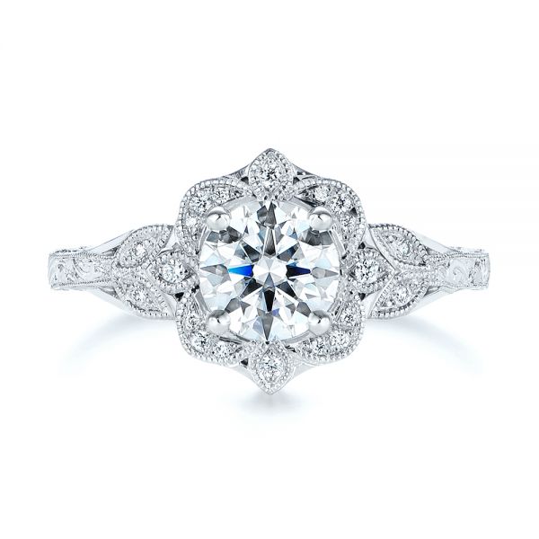 14k White Gold Vintage Floral Diamond Halo Engagement Ring - Top View -  105767