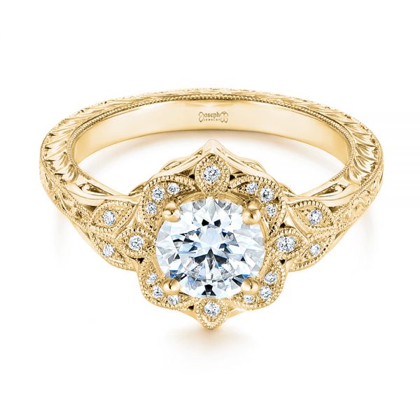 18k Yellow Gold 18k Yellow Gold Vintage Floral Diamond Halo Engagement Ring - Flat View -  105767