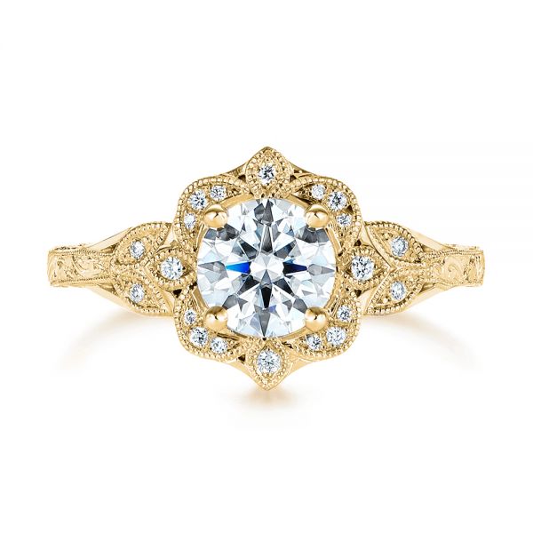 18k Yellow Gold 18k Yellow Gold Vintage Floral Diamond Halo Engagement Ring - Top View -  105767