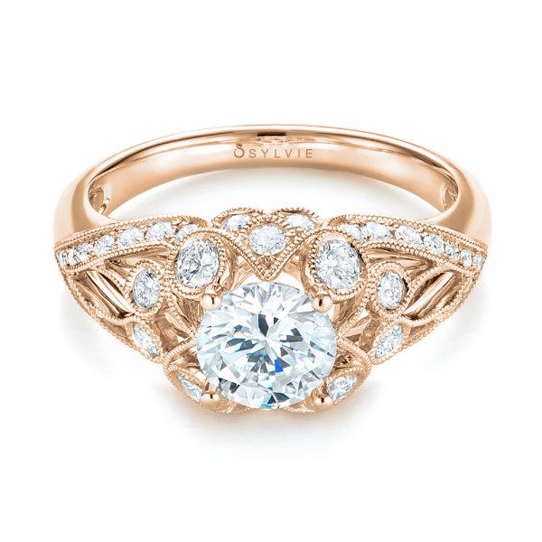18k Rose Gold 18k Rose Gold Vintage-inspired Diamond Engagement Ring - Flat View -  103059