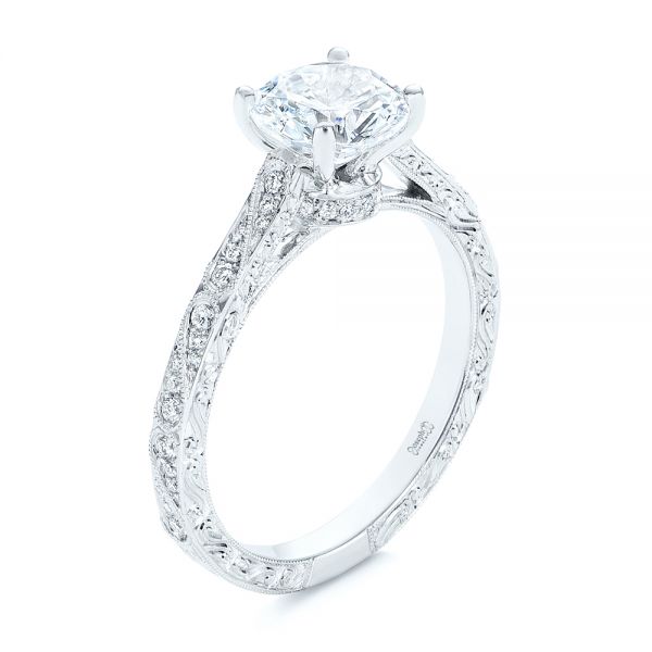 14k White Gold Vintage-inspired Diamond Engagement Ring - Three-Quarter View -  105367