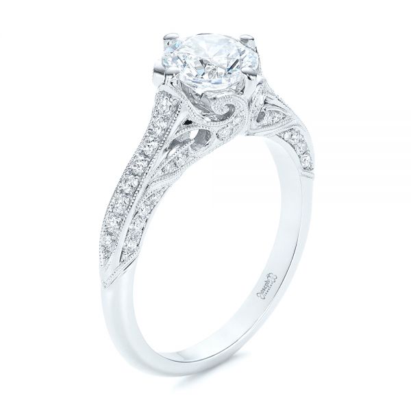 18k White Gold 18k White Gold Vintage-inspired Diamond Engagement Ring - Three-Quarter View -  105793